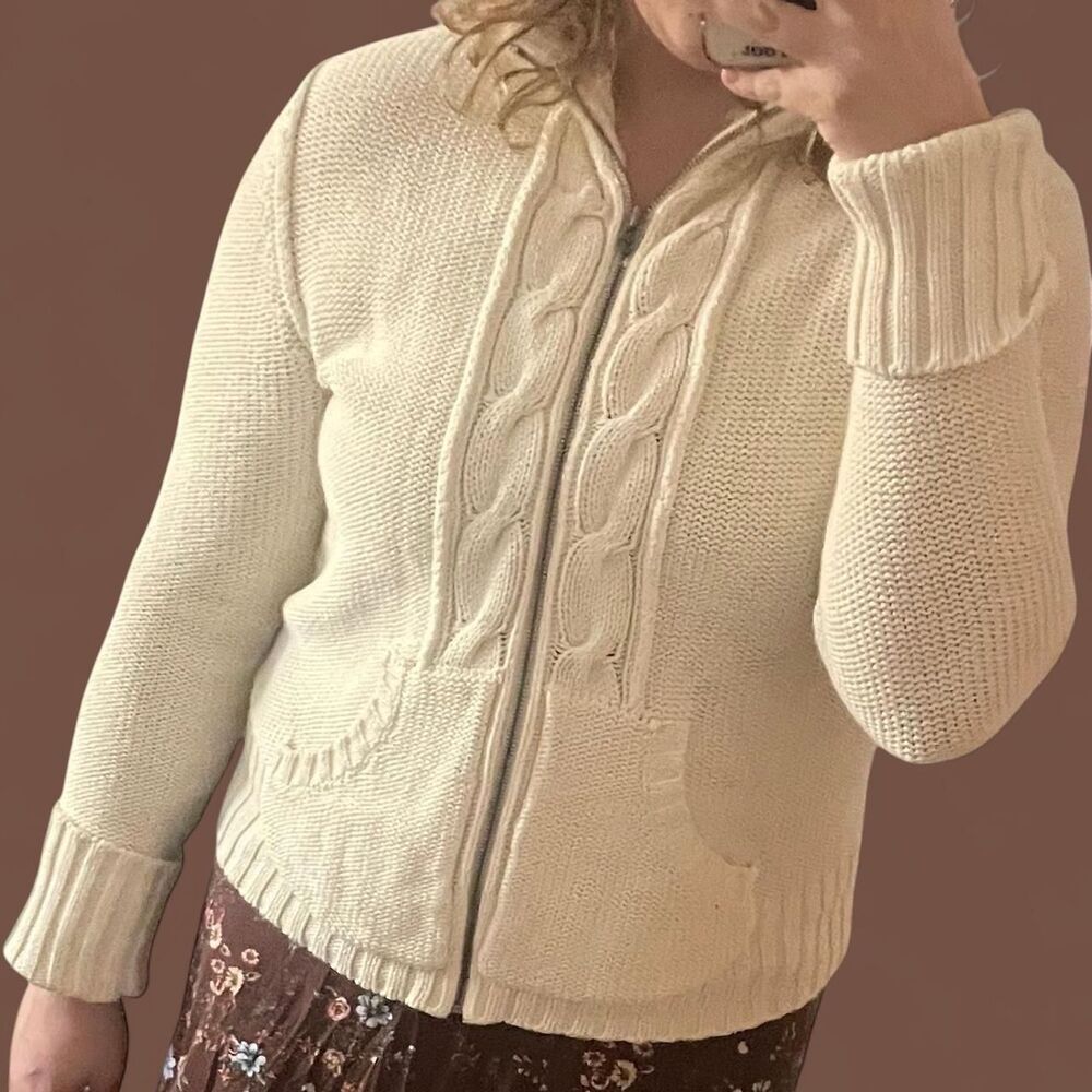 old navy cream cable knit zip up high neck sweater